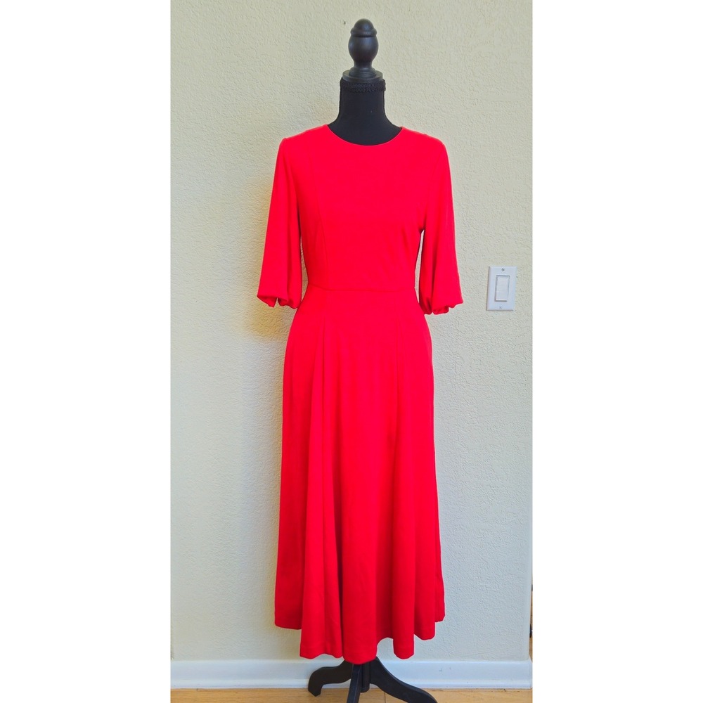 BODEN Holiday Red Midi Dress 2R Puff Sleeve Fit Flare Pockets EUC Kate Middleton